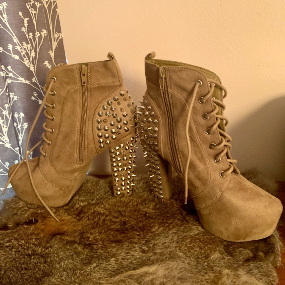 Studded Beige Lace-Up Ankle Boots